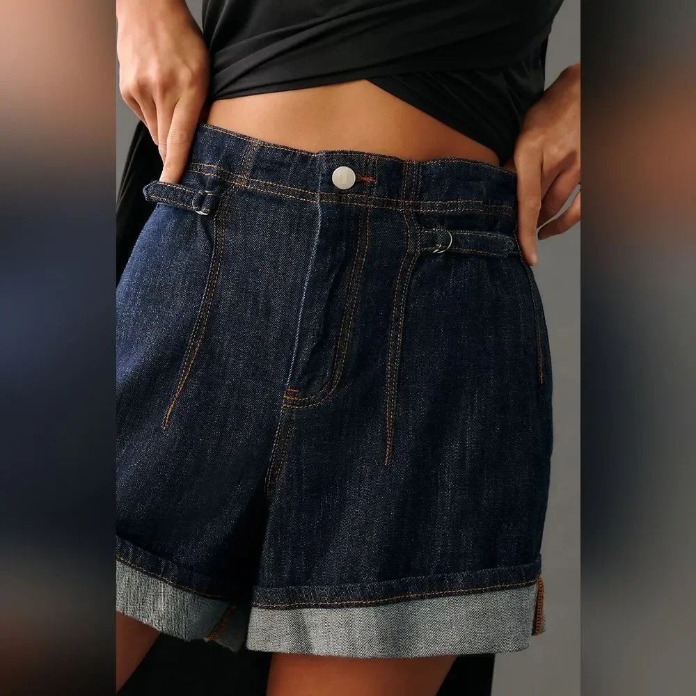 NWT Anthropologie Pilcro Cinch-Waist Roll-hem Dark Wash Shorts Size 30 - Picture 2 of 11